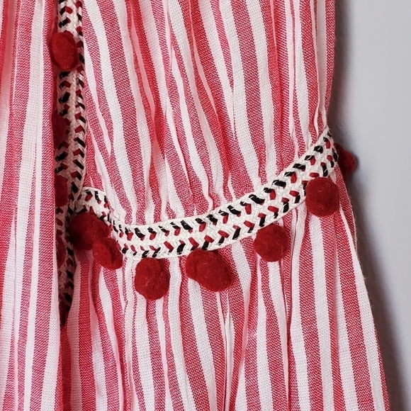 Zara Boho Tunic Dress Womens Medium Red White Stripe Pom Pom Tassel Long Sleeve - Picture 6 of 9